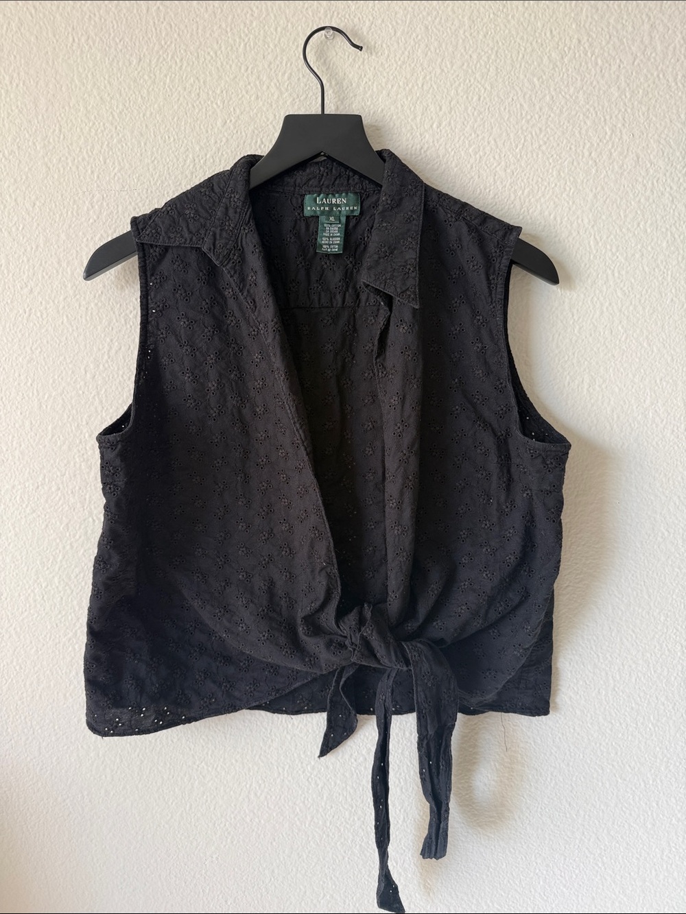 Lauren Ralph Lauren Vintage Black Eyelet Embroidered Tie-Front Top